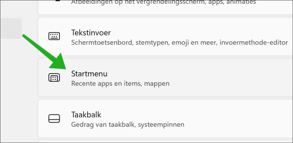 Startmenu instellingen openen