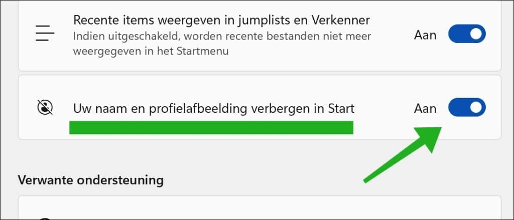 Uw naam en profielafbeelding verbergen in Start inschakelen