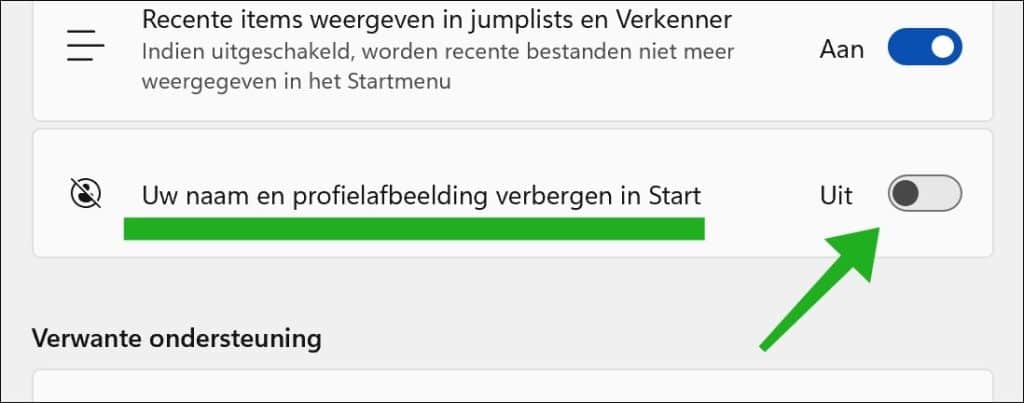 Uw naam en profielafbeelding verbergen in Start uitschakelen