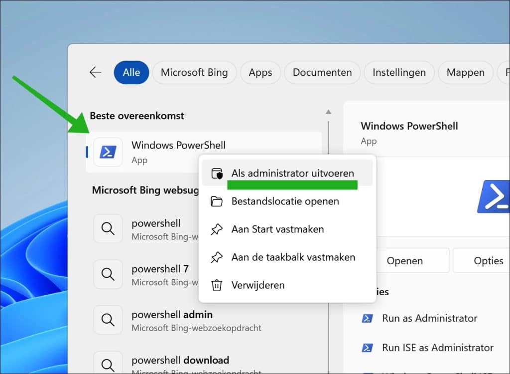 Windows PowerShell en kies Als administrator uitvoeren