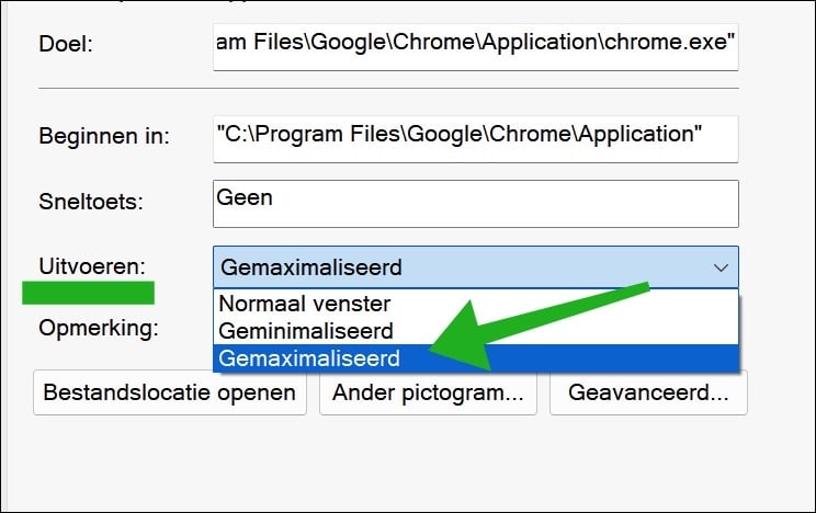 apps uitvoeren gemaximaliseerd via snelkoppeling