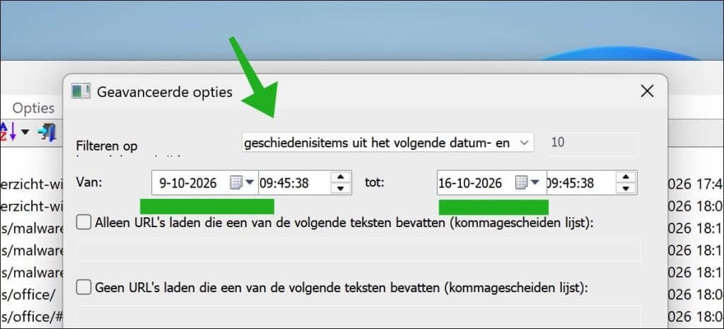 geschiedenisitems uit het volgende datum- en tijdbei