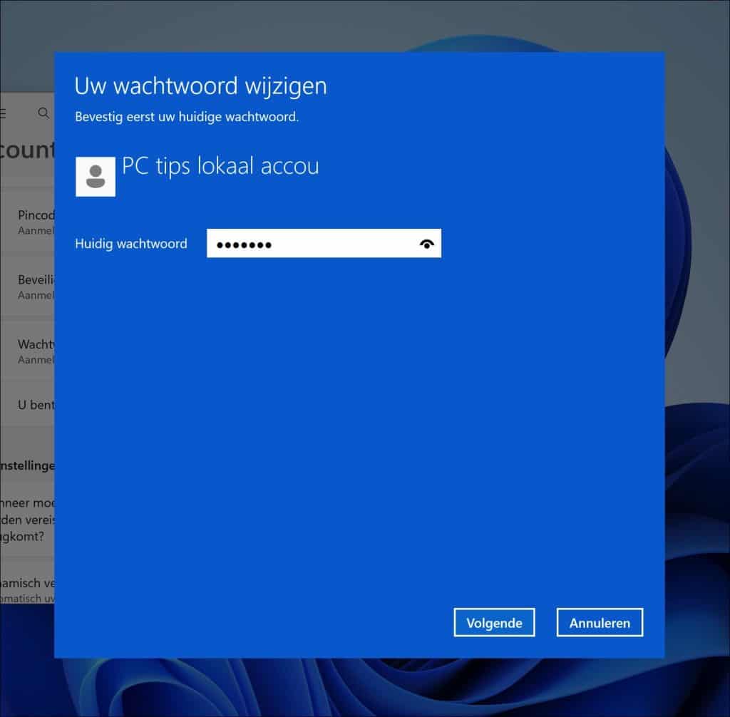 huidige wachtwoord van uw lokale account